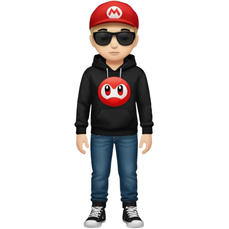 chico vestido de negro con sudadera negra logotipo super Mario con jeans Levis negros tenis converse negros gafas ray-ban fotogray y audífonos Sony emoji