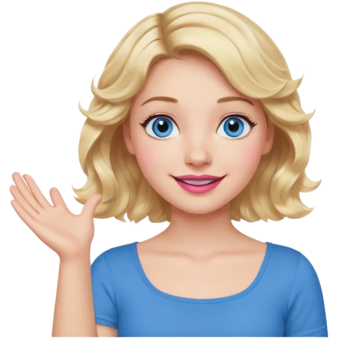 Girl Blonde short wavy hair,  blue eyes, cute blue top, long lashes, pink lips, smiling, shrugging hands raised emoji