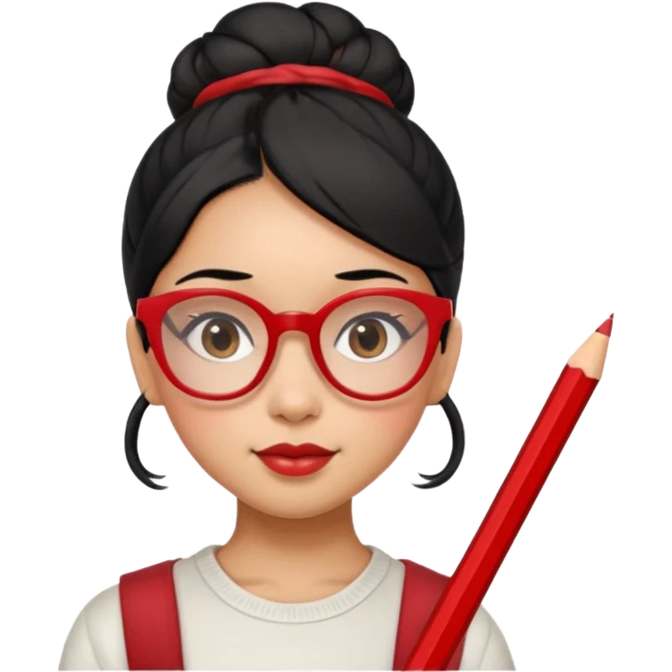Morena girl with black hair that's in a bun style, with a pencil holding the bun in place. she has a cute rectangular red glasses emoji