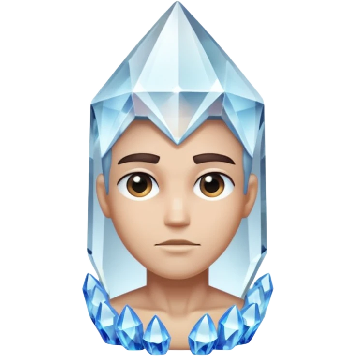 A single crystal character inspired by a clear quartz cluster, chunky base with many tall transparent crystal spikes growing upward all around it with a face emoji