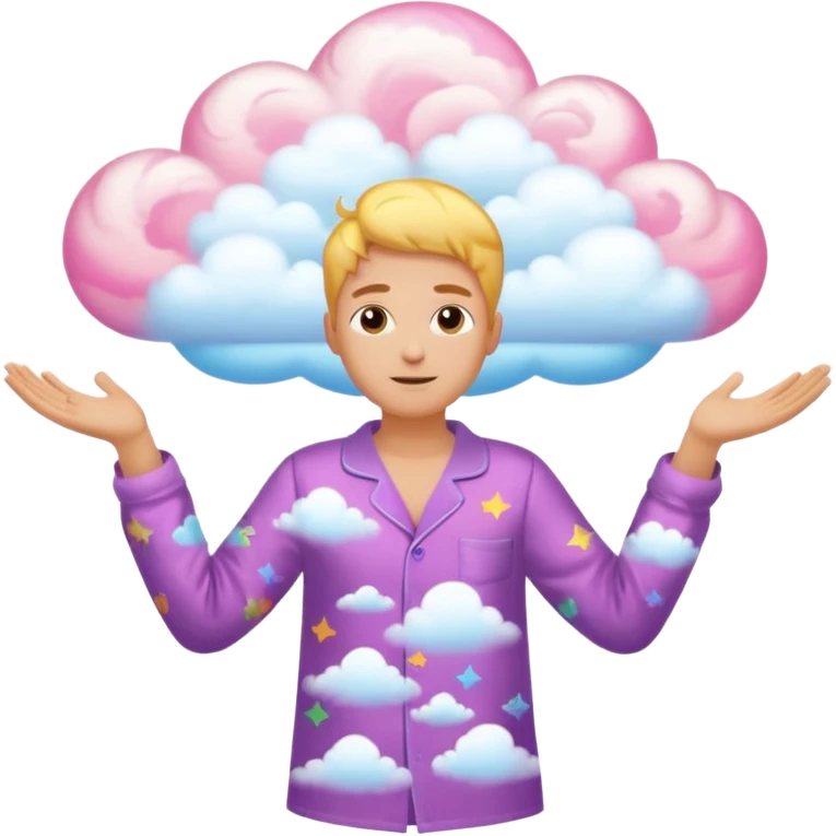 person in pajamas, arms open, vibrant swirling dream cloud overhead emoji