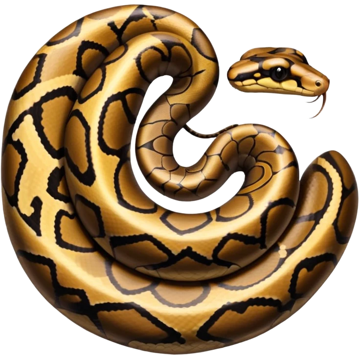 A photo-realistic top-down view of a Ball Python gently coiled into a tight spiral, with its head resting peacefully at the center. The pattern flows smoothly around the curves of its body, emphasizing its natural camouflage and calm demeanor. emoji