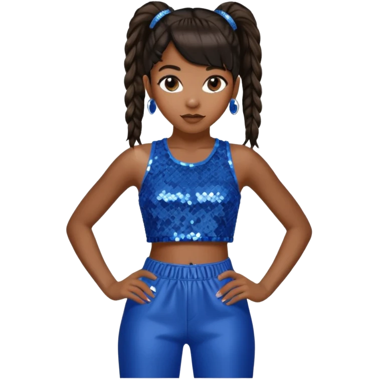 Left Eye from TLC with long dark brown ponytail hair, blue sequin crop top and pants emoji