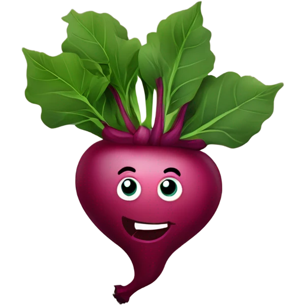 miling beetroot with big expressive eyes, rosy cheeks, and a green leaf on top. Simple and bright design with a cheerful and cartoonish style. emoji