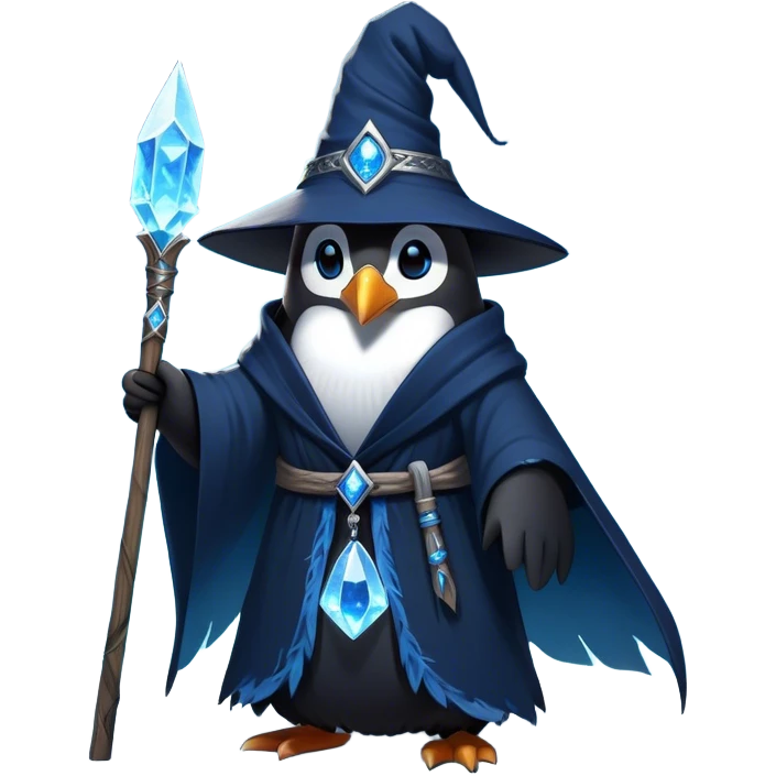 A mysterious penguin mage with sleek midnight-blue feathers, wearing a flowing black robe adorned with silver runes. A tall, pointed wizard hat sits slightly tilted on his head, the brim casting a shadow over his glowing icy-blue eyes. His flipper clutches an ancient wooden staff topped with a swirling crystal, radiating a soft, cold light. Snowflakes drift around him as he stands on a frozen cliff, his aura crackling with arcane energy, ready to summon a blizzard with a flick of his staff. emoji