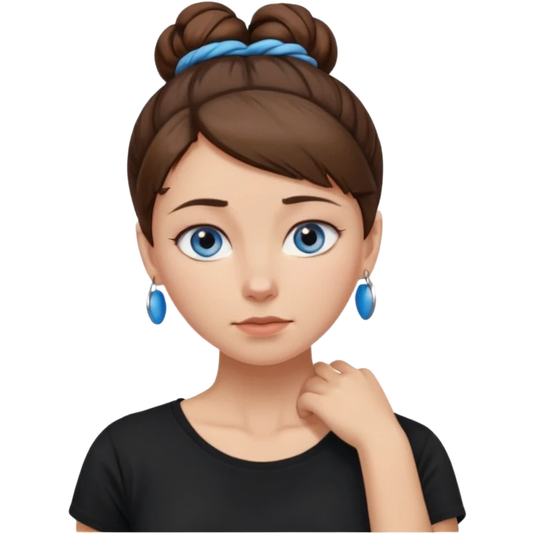 apple style emoji of a woman with blue eyes, brown hair in a bun, holding her neck with a pained expression, wearing a black T-shirt emoji