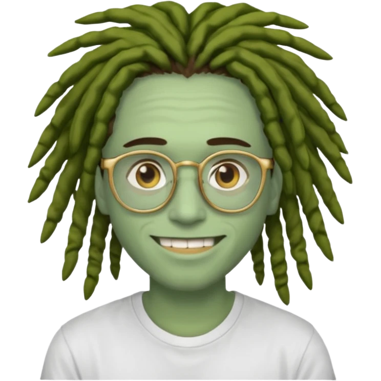 man with brown dreads white tee golden eyes light green skin glasses and white smile emoji