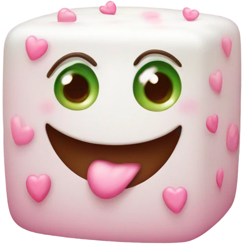 Sugar cube with granulated texture, pink hearts, blushing smile, green and brown eyes with lashes emoji