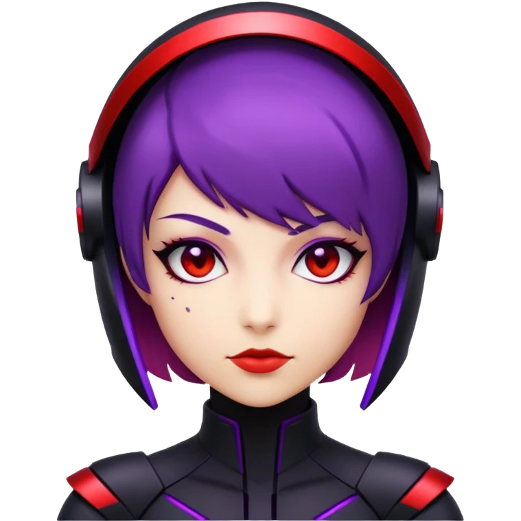 A futuristic assassin with a sleek black suit, short purple hair, and glowing red visor emoji