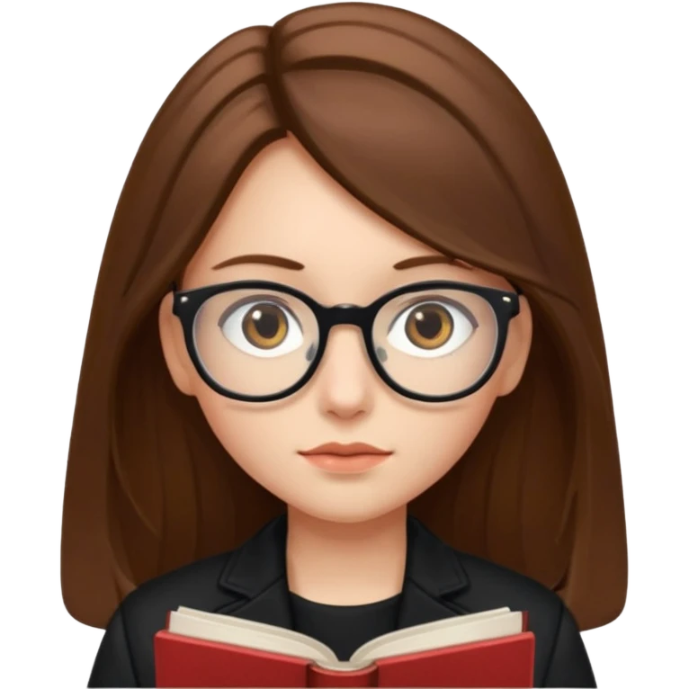 A girl with long brown hair and small reading glasses and black jacket  emoji
