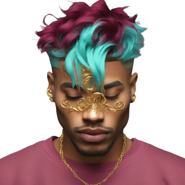 Vintage grunge patina intricate swirls gold jewellery baroque golden sparkle tropical Deep pink maroon burgundy cyan dark hoodie man dyed hair gold piercings nose piercing ear piercings emoji
