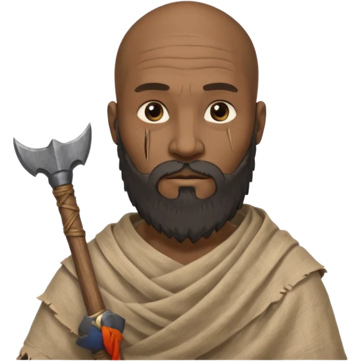 black ancient man, tattered cloth with raw stick weapon, beard and bold emoji