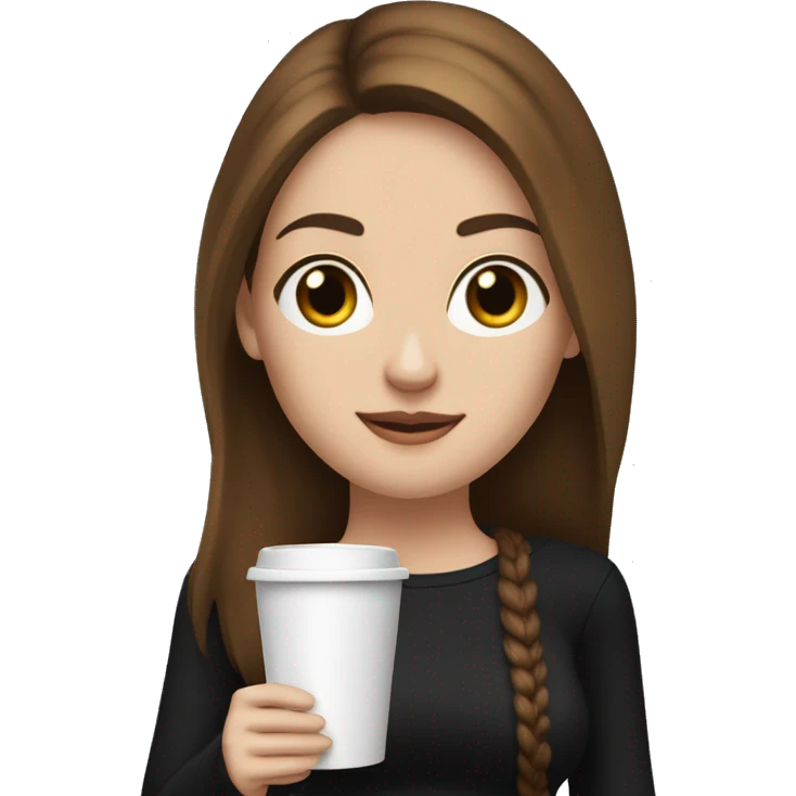 long straight brown hair, white skin woman in black long sleeve and black jeans, standing and holding shopping bags and a coffe cup emoji