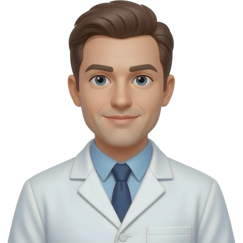 A male physicist, natural white skin, brown hair, wearing a white lab coat, professional portrait, studio lighting, high detail emoji