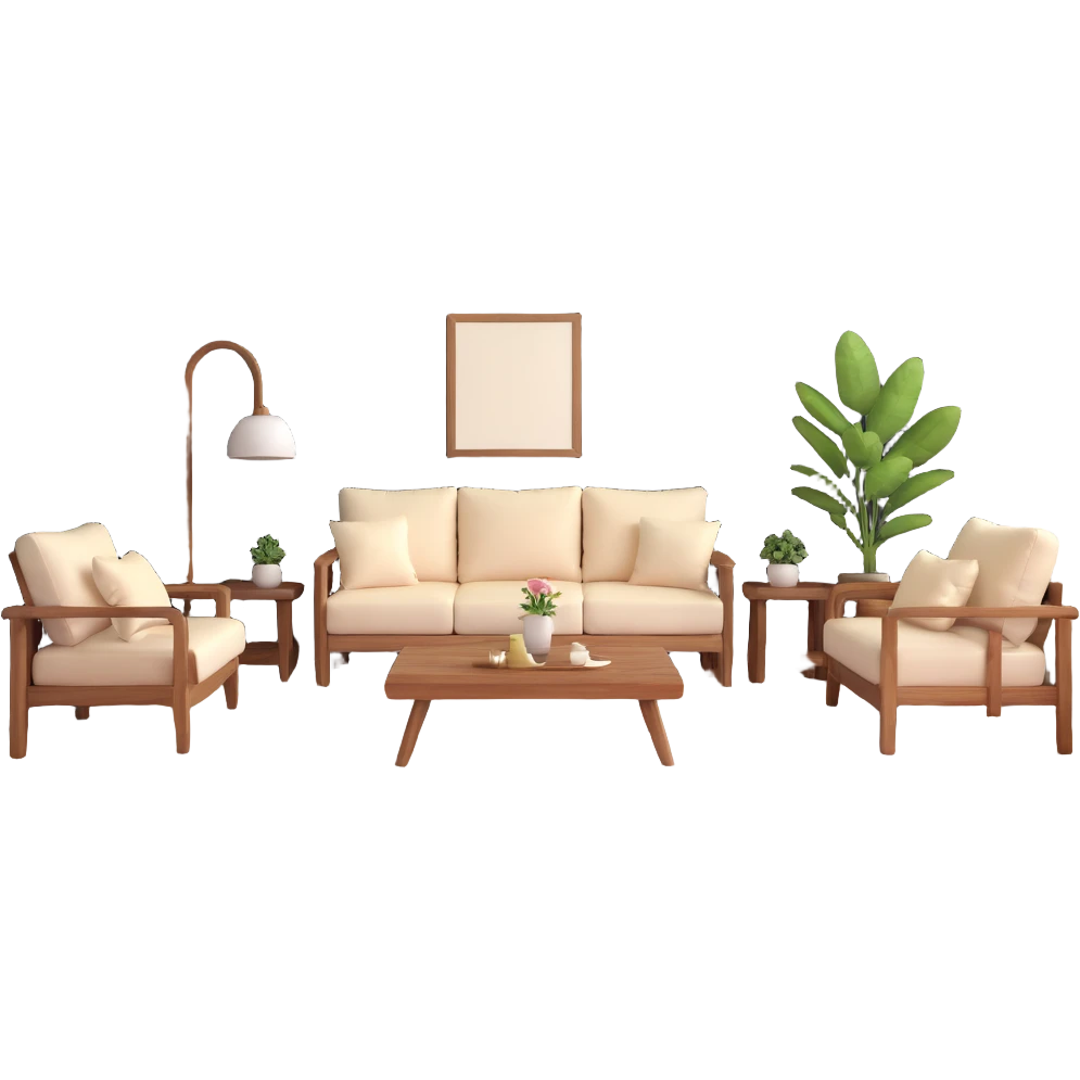 large open concept room with cream walls, wooden floor, cute decorative pillows, wooden furniture emoji