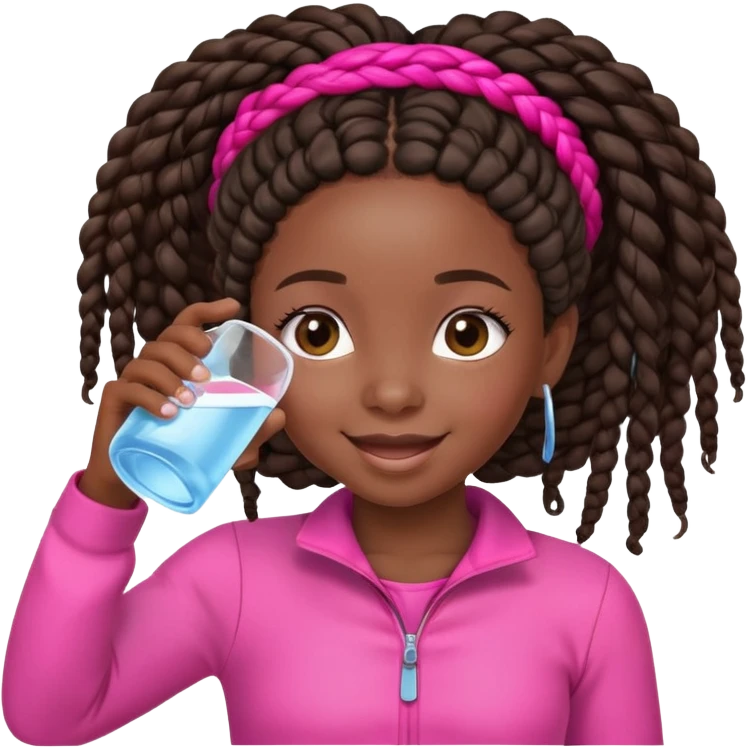 A young afro girl with African braids drinking Water. She has a happy face and is dreesed on pink emoji