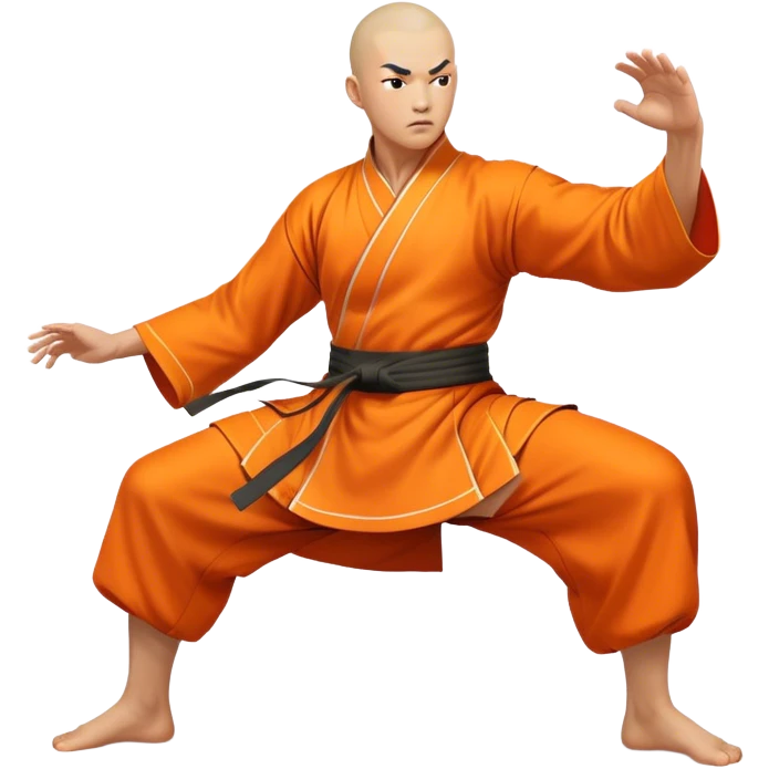 A powerful Shaolin monk in the middle of an intense kung fu battle, dressed in traditional orange robes with a shaved head. He performs a dynamic martial arts move, his body balanced on one foot while delivering a precise, high-speed punch emoji