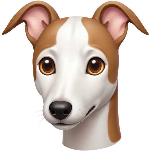 Cinematic Cute White and Brown Greyhound Portrait Emoji, Head tilted playfully and inquisitively, featuring a smooth white Fur with vibrant brown accents and round, sparkling eyes filled with curiosity, Simplified yet irresistibly adorable features, highly detailed, glowing with a warm, friendly glow, high shine, affectionate and nimble, stylized with a touch of whimsy, bright and endearing, soft glowing outline, capturing the essence of a mischievous yet loving racer, so playful it feels like it could sprint out of the screen and into your arms! emoji