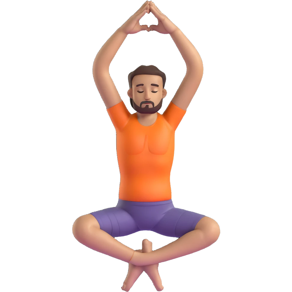 man doing tree pose yoga with one foot against inner thigh, hands in prayer position emoji
