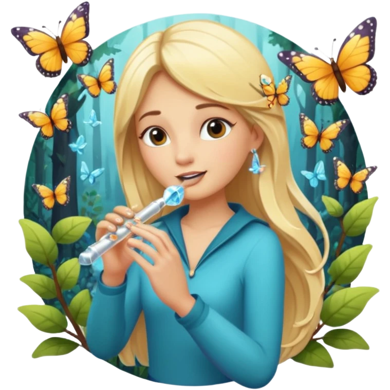 woodland sticker character, blonde woman playing crystal flute, butterflies around emoji