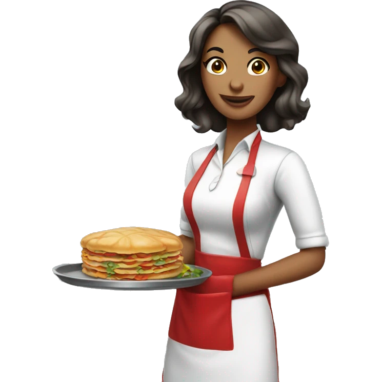 beautiful waitress in a red apron with a tray with food in a hand emoji