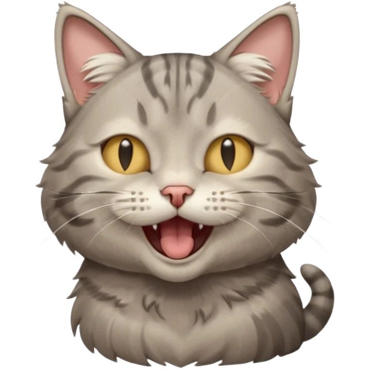 A high-resolution photo-realistic digital illustration of a solid grey tabby cat, eyes closed, head titled up yawning emoji