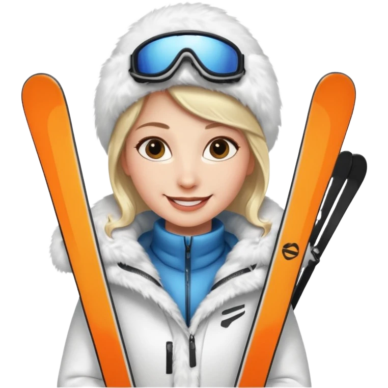 woman in white fur coat holding skis emoji
