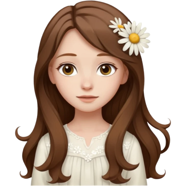 Girl with long brown hair, pale skin, daisy hairclips, long sleeved white flowy dress emoji