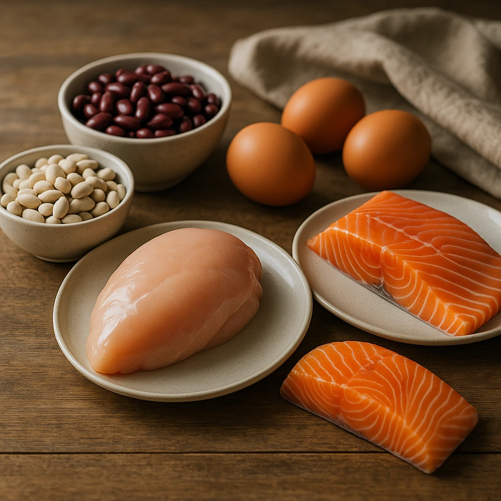 realistic style protein foods photography featuring chicken, salmon, eggs, beans, elegant presentation, natural lighting emoji