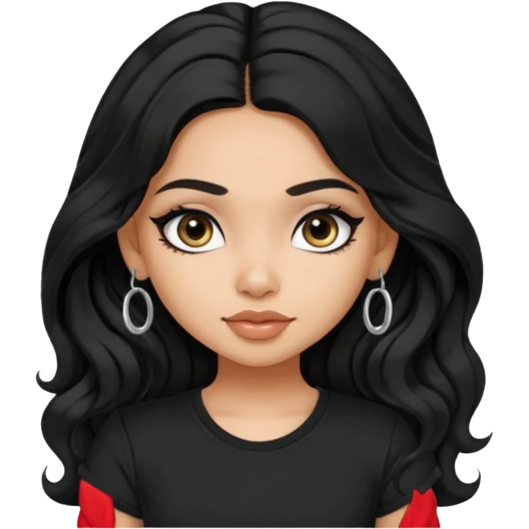 a pretty FAIR indian bratz girl with wavy long black hair, wearing a black tshirt, eyeliner on emoji