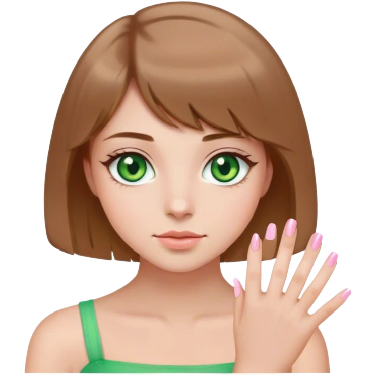 green eyes light brown hair white girl with short bob no bangs with a cosmo light pink nails emoji