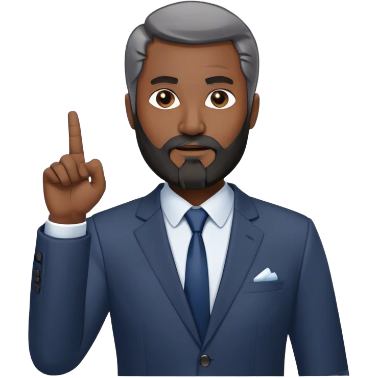 Emoji-style cartoon man, 50s, black beard with gray streaks, wearing a business suit. Raises right index finger upward (↑) to signal 'attention!' Simple design, bold lines, minimal details. Looks Дмитрий Шумейко emoji