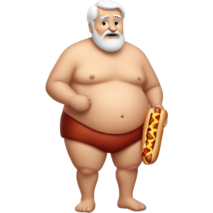 Shirtless Fat old man holding a hotdog with relish emoji