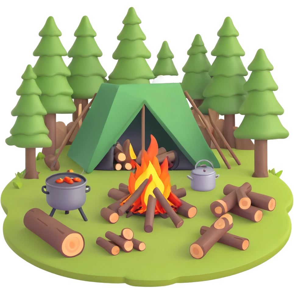 bushcraft campfire with cooking pot, wood logs, forest setting emoji