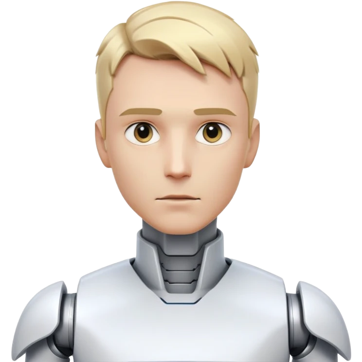 Male robot with short blond hair, sharp jawline, intense eyes, white tech clothing, neutral expression, futuristic assistant emoji