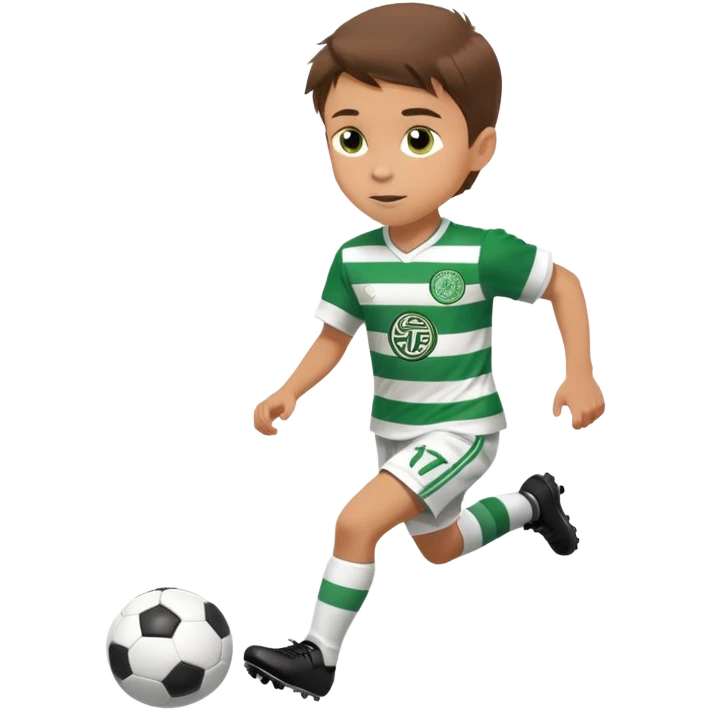Brown hair 6 years old white boy footballer RUNNING playing soccer wearing CELTIC  UNIFORM  has white stripes  # 17 in the jersey the celtic football club logo NO CHEST LOGO  emoji