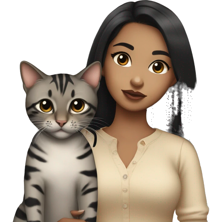 Girl with black eyes and black hair, shoulder length straight black hair, wears a beige blouse outfit, kissing a gray bengal cat  emoji