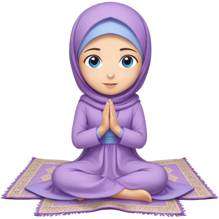 Turkish beautiful finish Konya muslim girl blue eyes with light purple color flower hijab long tail dress and sits on the pray mat namaz on the ground with dua  emoji