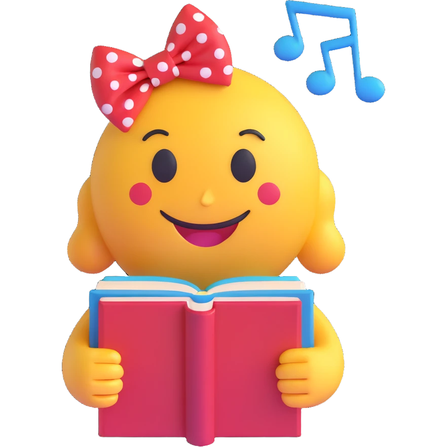 3D smiley emoji with big eyelashes, red polka dot bow, holding a book with musical notes, smiling emoji