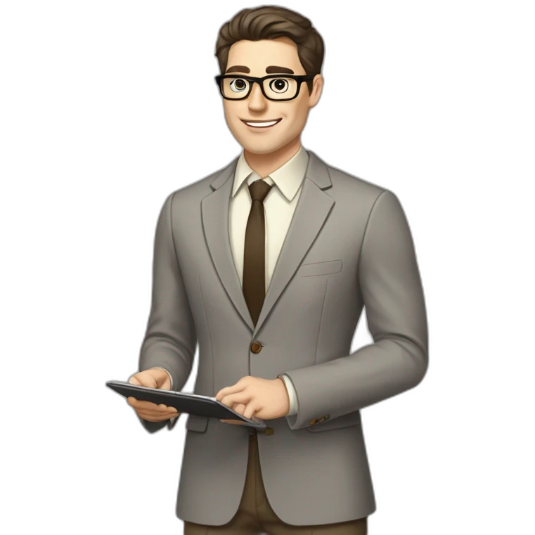 Pale skinned fit man with dark brown hair in gray jacket, beige office shirt, brown tie, brown pants and vintage glasses Writing on the tablet emoji