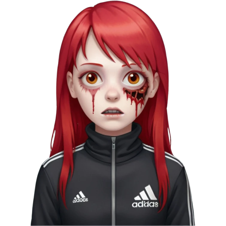 Crie um emoji de uma menina zumbi  com o cabelo vermelho longo com uma franja reta casaco de gola alta da adidas emoji