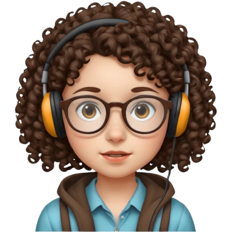 brunette kid with unique face features and very curly hair kid girl neutral and big glasess and big nose and dark eyes with freckles kind of nerd looking and headphone wearing emoji