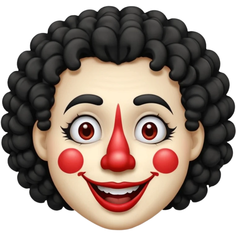 generate clown emoji with a big curly black hair 

wide black smile, long and pointy white nose emoji