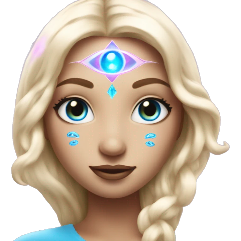 magical diva with thin pink andromedan face long blonde hair and blue eyes glowing third eye emoji