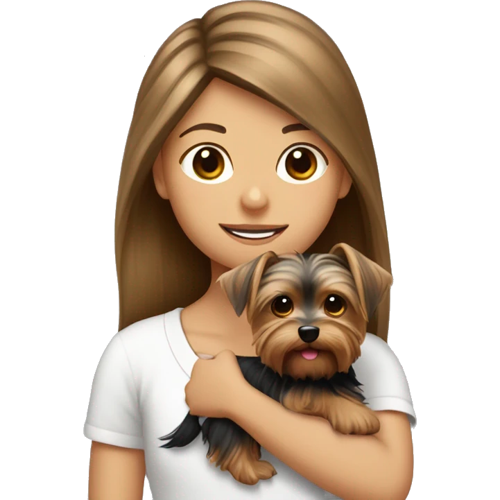 Yorkshire Terrier in the arms of a girl with brown hair emoji