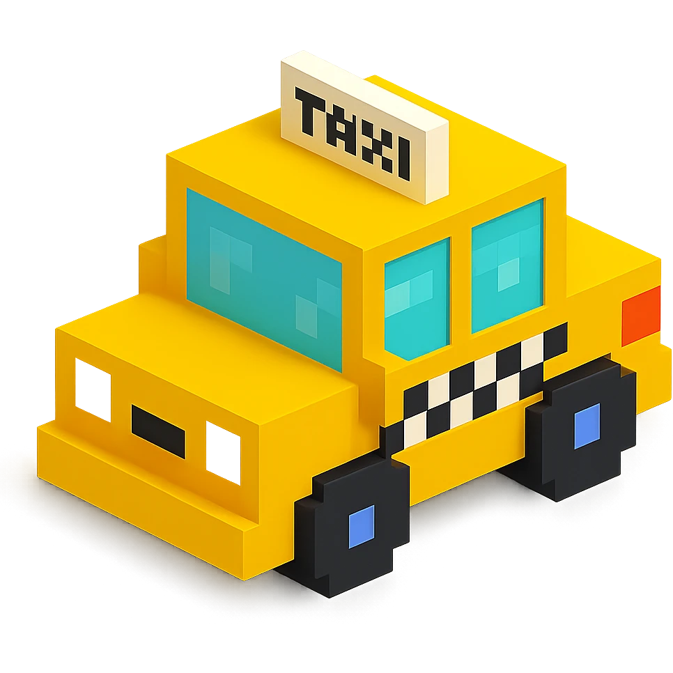 voxel-style yellow taxi cab, blocky wheels, isometric view emoji