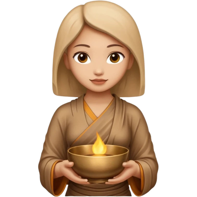 A woman holds a Buddhist empty bowl in her hands. There is a glow around the girl. emoji