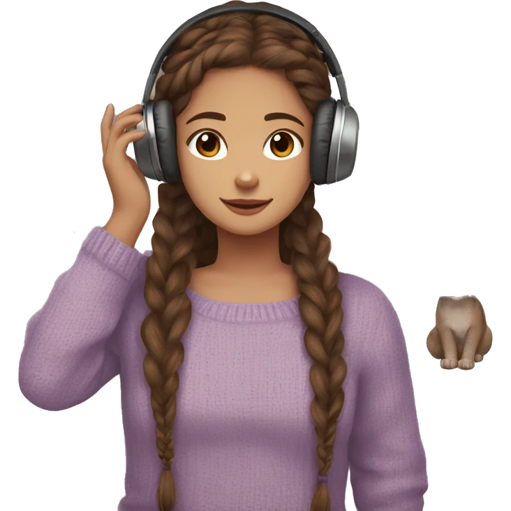 Brown hair girl, Boho braids, brown eyes, violet sweater, headphones, clear glass, brown skin, and cat in hands emoji