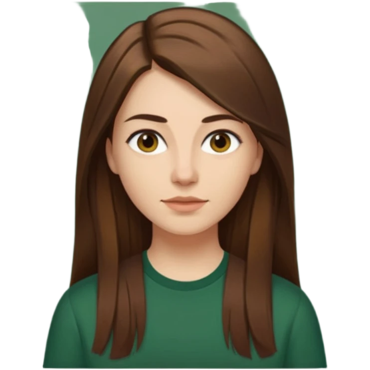 30 yr Caucasian woman long brown straight hair parted on side dark green shirt emoji