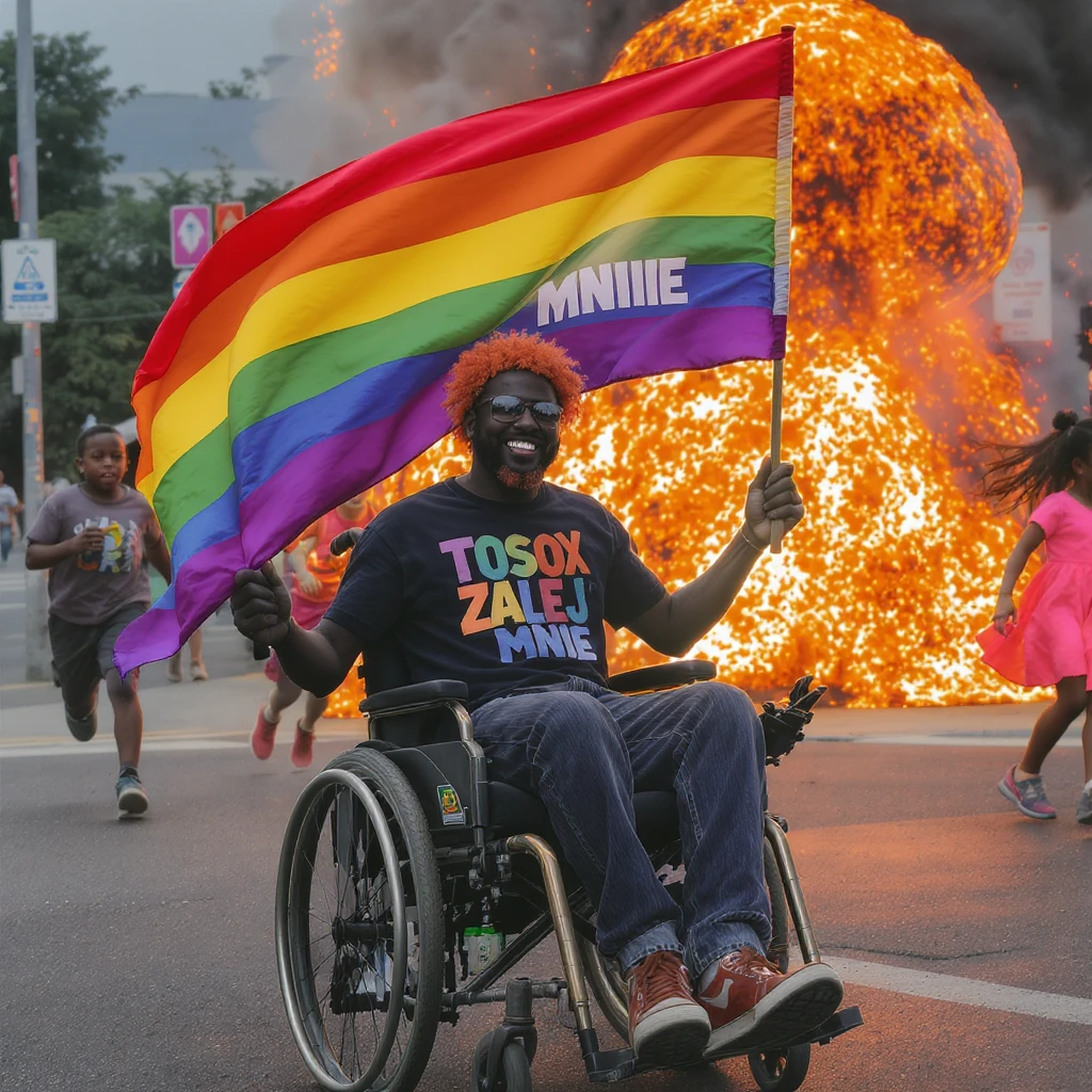 Black man with red hair sitting on wheelchair holding lgbt flag holding text "T0ssox zalej mnie" explosion behind and kids running away emoji